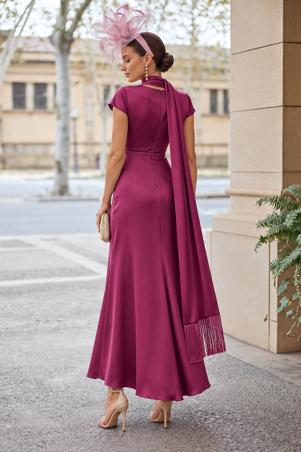 Pleated Column Gown with Scarf and Slit