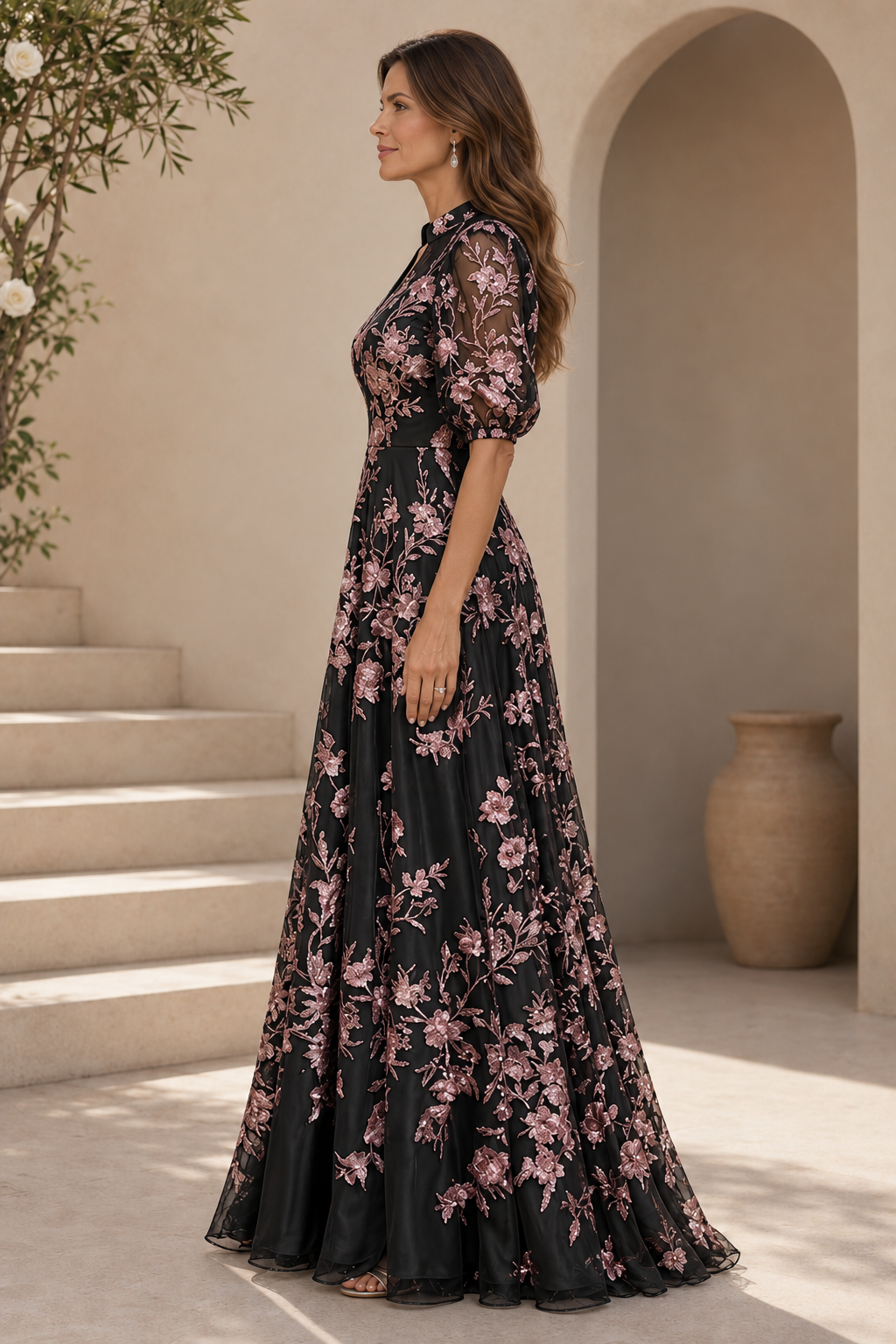 Floral Embroidered A-Line Gown with Puff Sleeves
