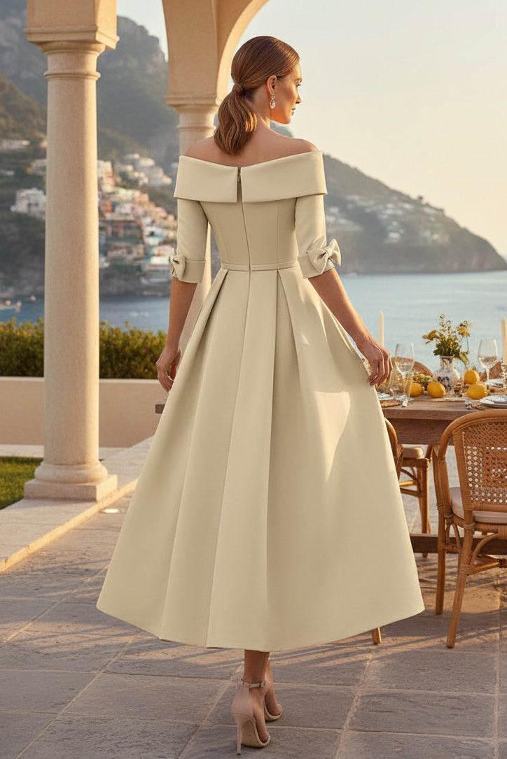 Off-the-Shoulder Tea-Length A-Line Dress with Bow
