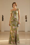 Floral Jacquard One-Shoulder Slit Evening Gown