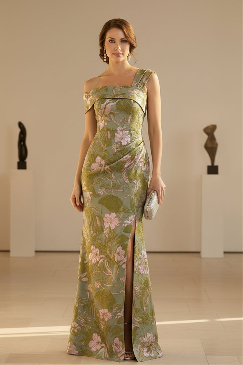 Floral Jacquard One-Shoulder Slit Evening Gown