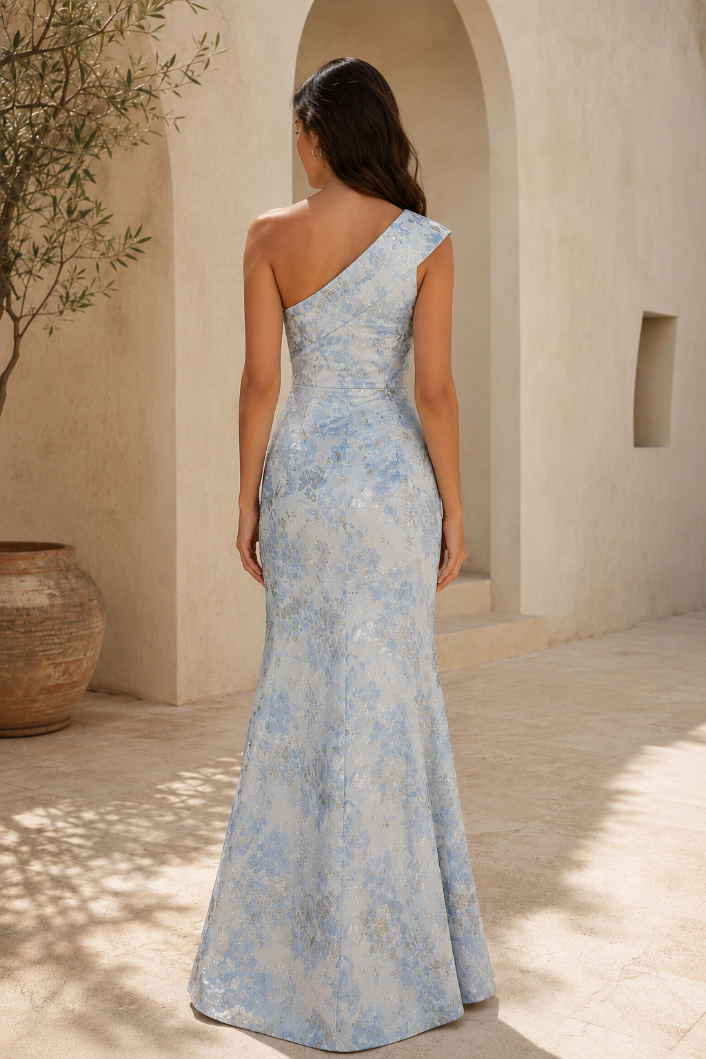 One-Shoulder Floral Jacquard Ruffle Slit Gown