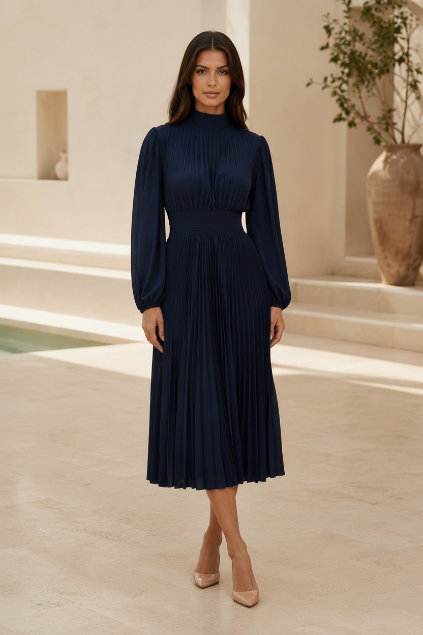 High Neck Pleated Midi Dress with Long Sleeves