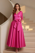 V-Neck Satin A-Line Midi Dress with Bow Belt