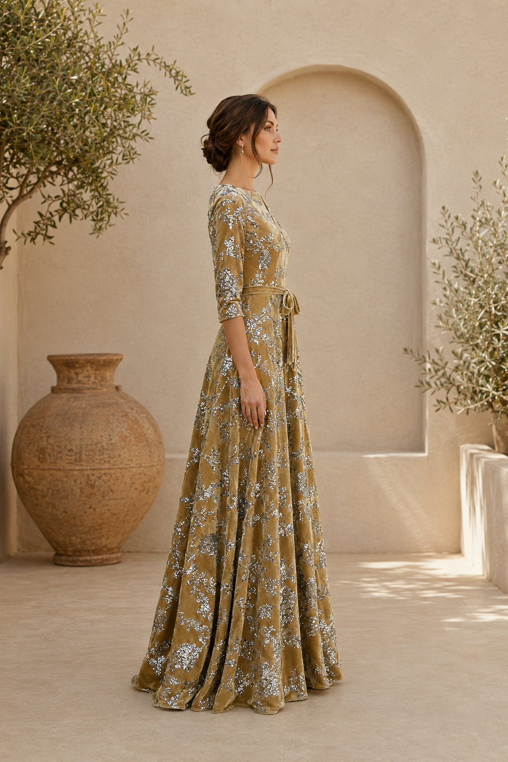 Floral Sequin Velvet A-Line Evening Gown