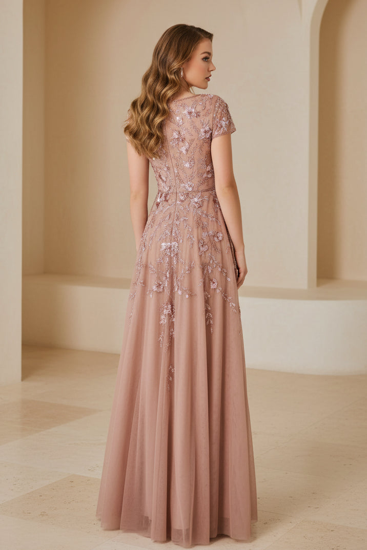 A-Line Tulle Evening Gown with Floral Embroidery