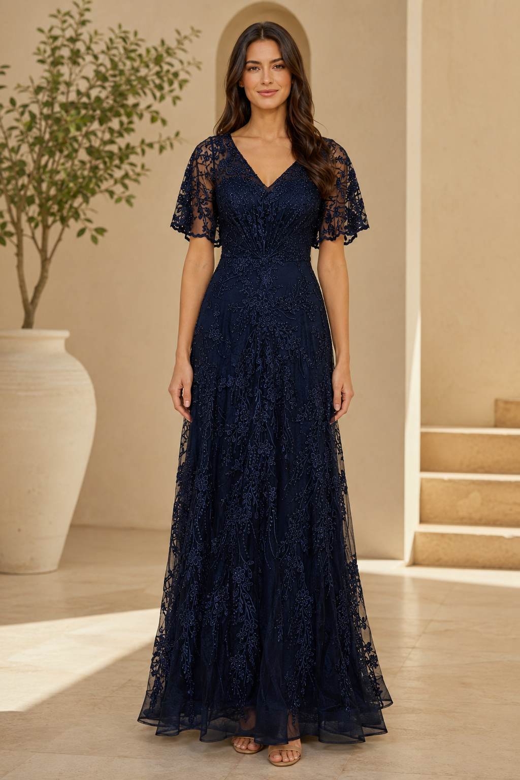 Flutter Sleeve Lace A-Line Evening Gown