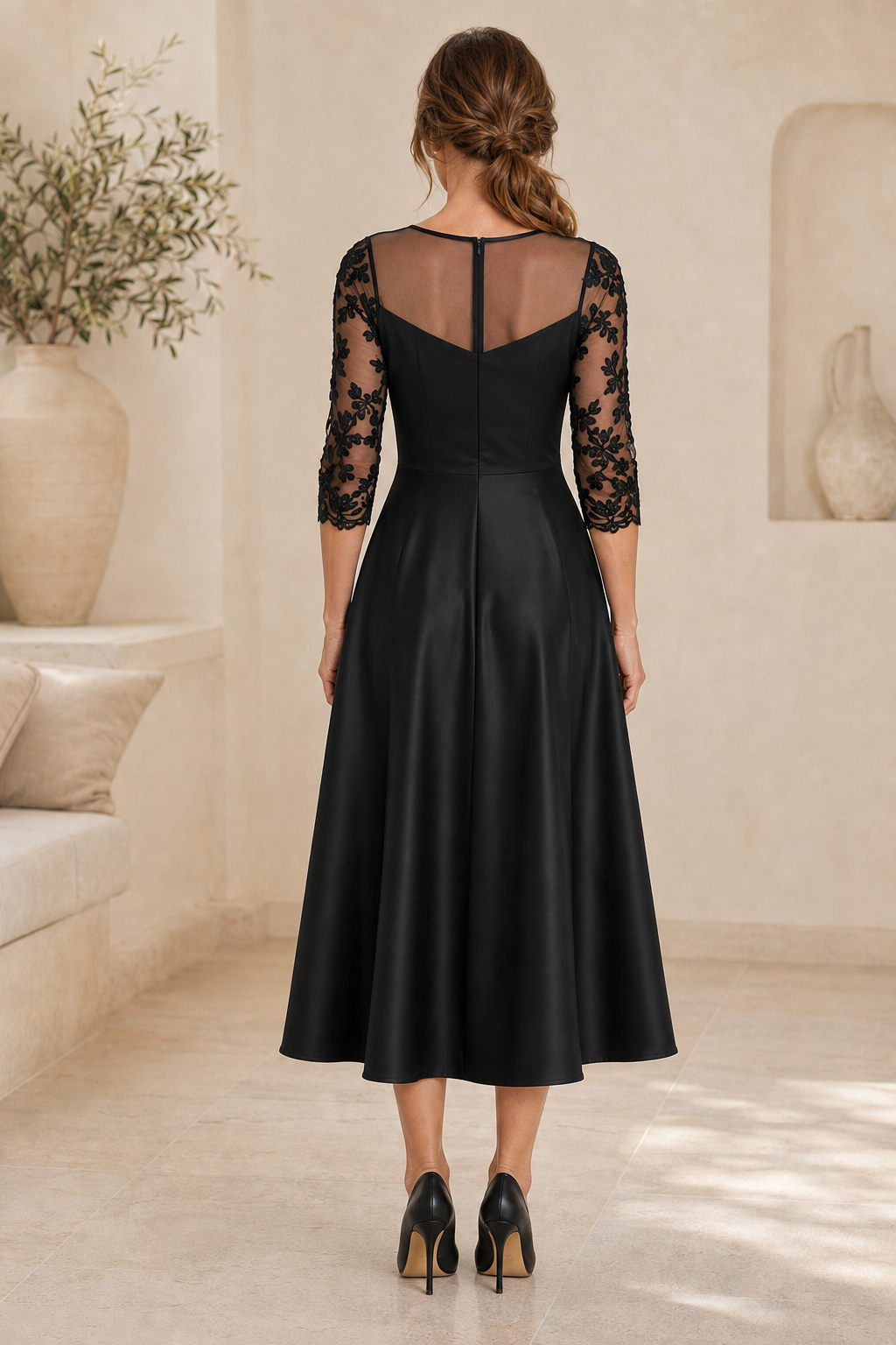 Illusion Neckline Lace Applique Midi A-Line Dress