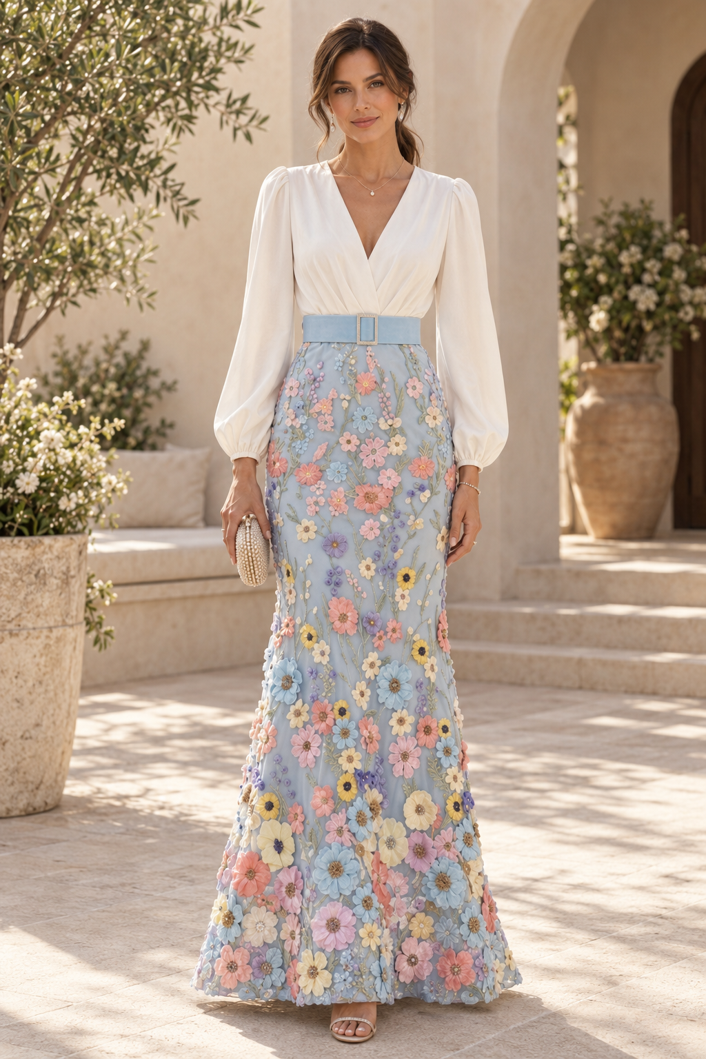 3D Floral Applique Long Sleeve Evening Gown
