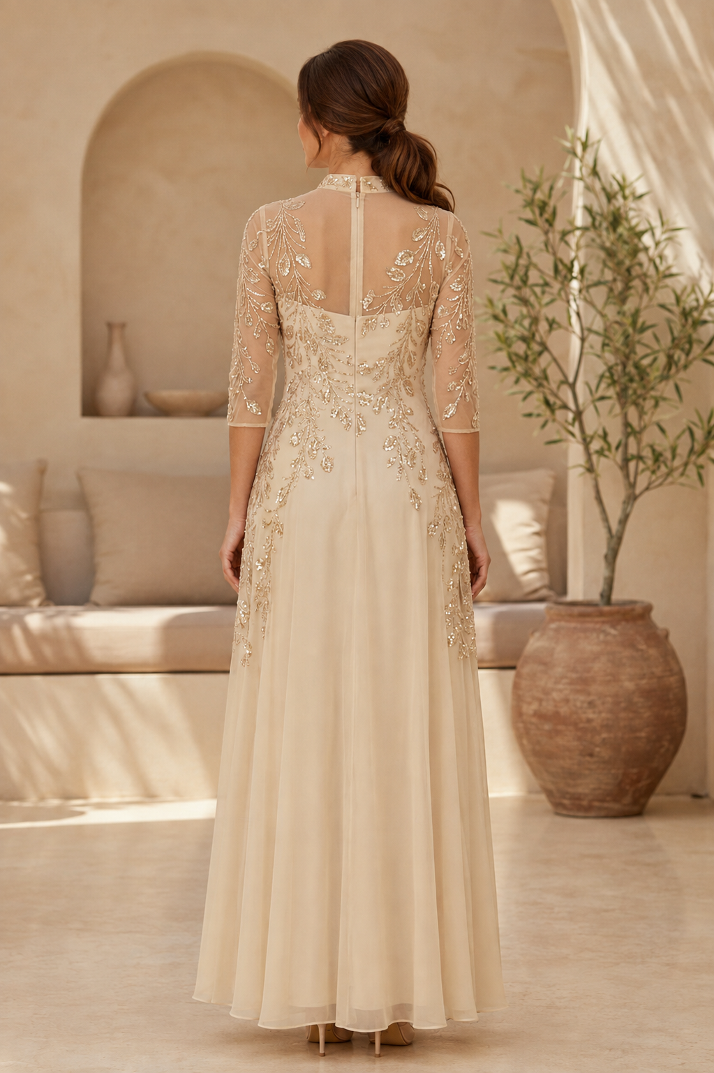Beaded Illusion A-Line Evening Gown, 3/4 Sleeve