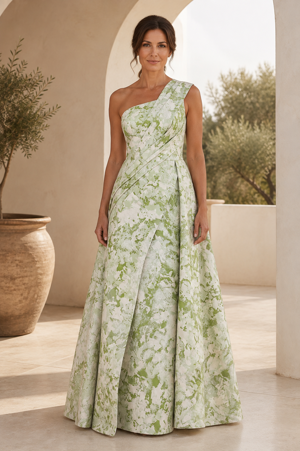One-Shoulder Floral Print A-Line Evening Gown