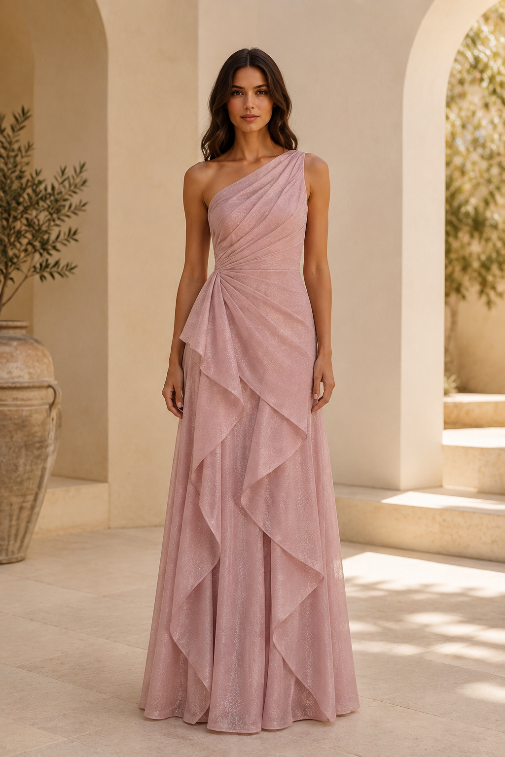 One-Shoulder Glitter Gown with Cascading Ruffle Skirt