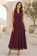 Sleeveless Collared Asymmetrical Chiffon Midi Dress