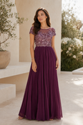 Illusion Neckline Floral Applique Pleated Maxi Dress