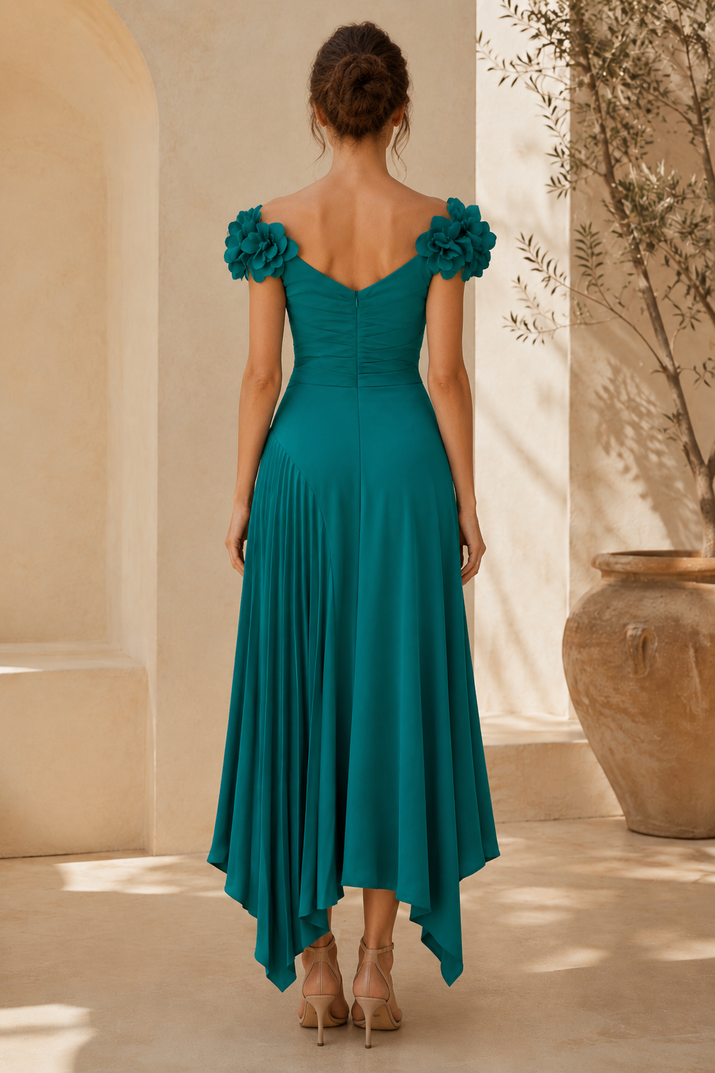 Floral Off-the-Shoulder Asymmetrical Pleated Midi Dress