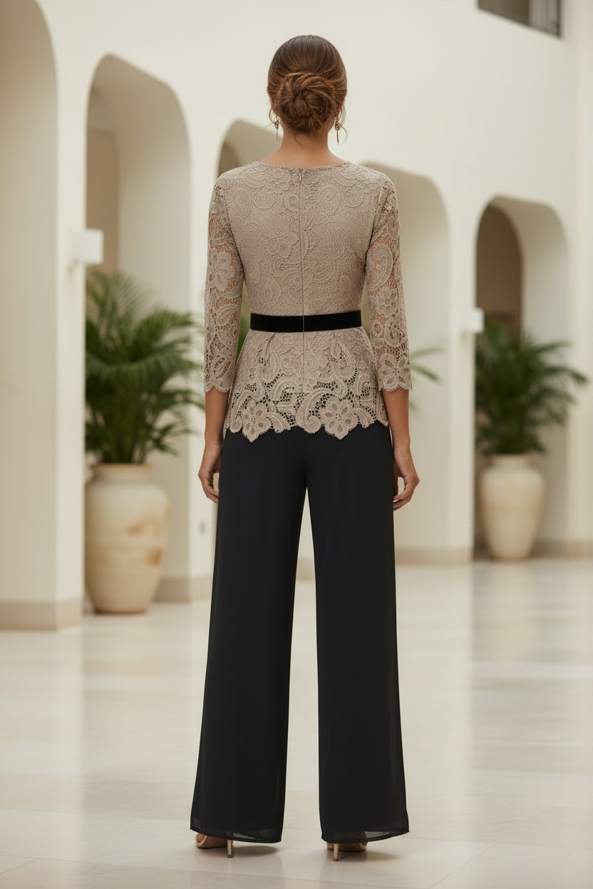 Lace Peplum Top & Wide-Leg Chiffon Pants Set
