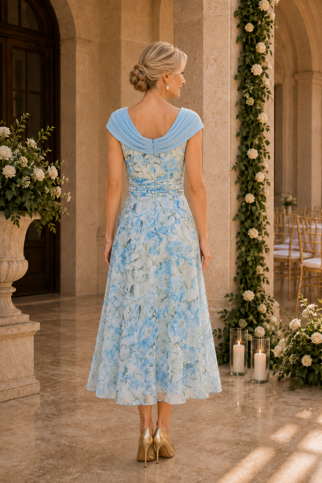 Floral Tea-Length Dress with Draped Neckline