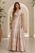 Floral Jacquard A-Line Gown with Wrap Bodice