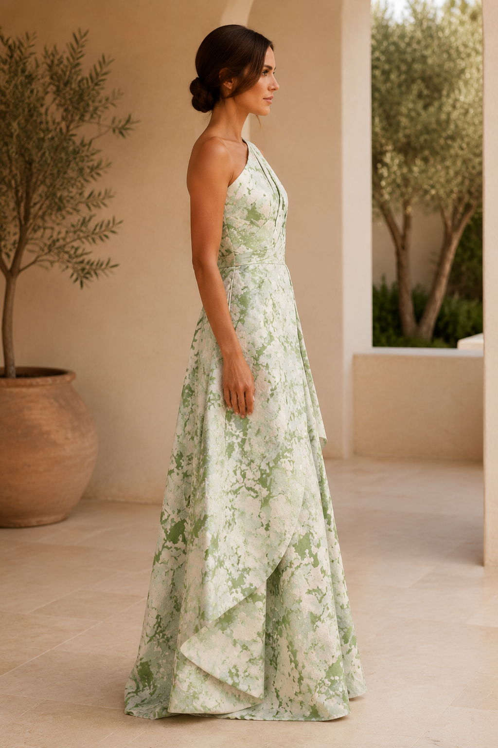 One-Shoulder Floral Print A-Line Evening Gown
