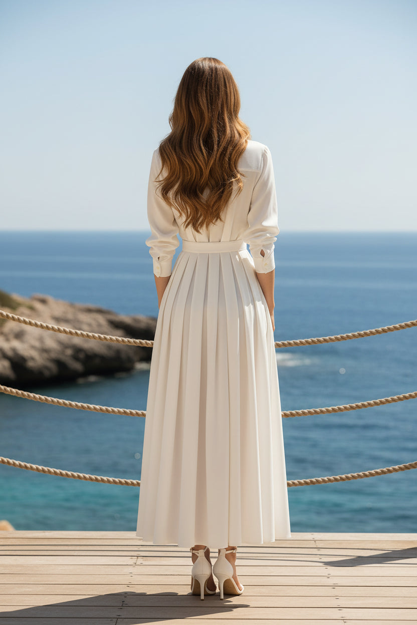 Pleated Maxi Shirt Dress with Belt and Pockets