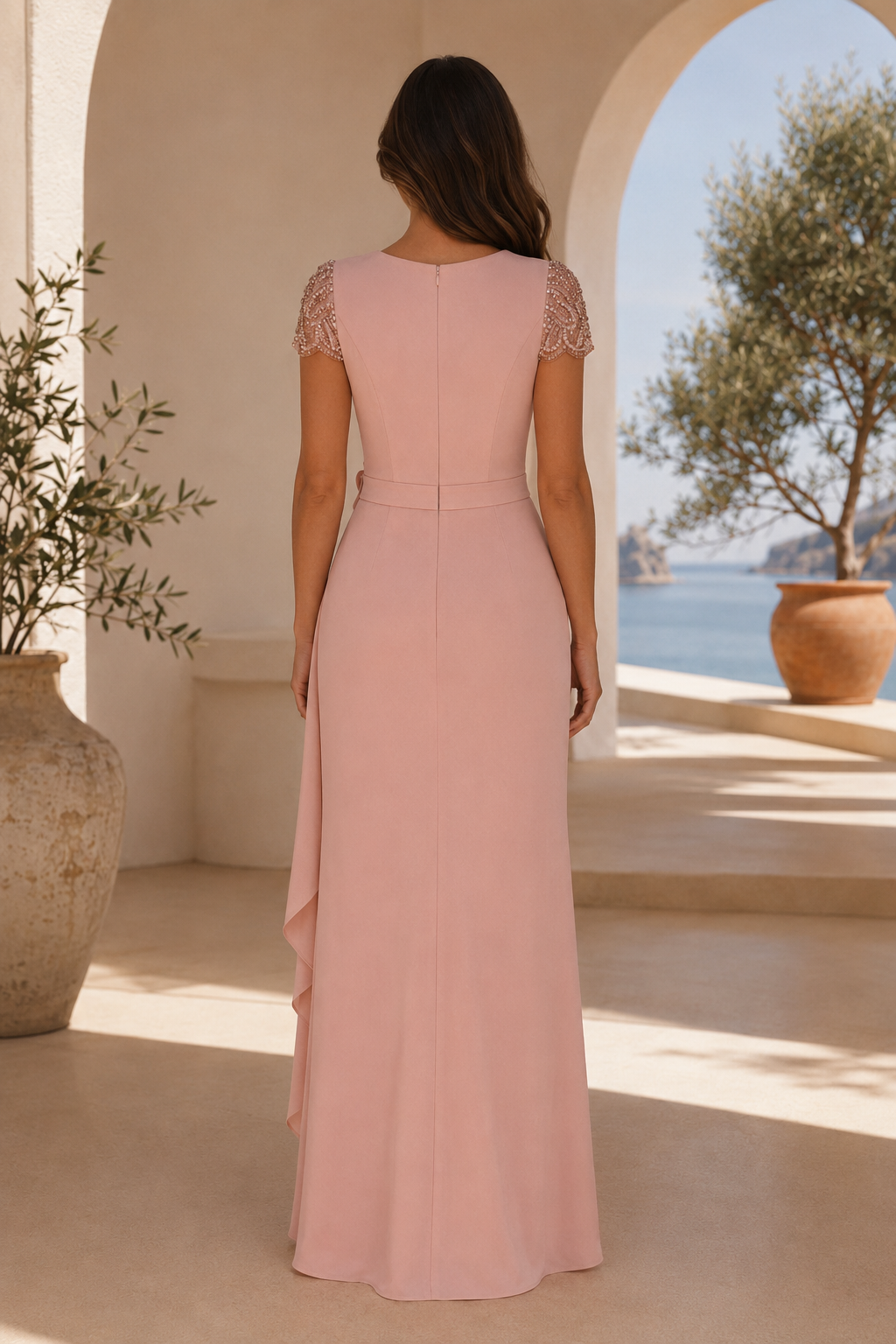 Beaded Cap Sleeve Gown with 3D Flower Waist Detail