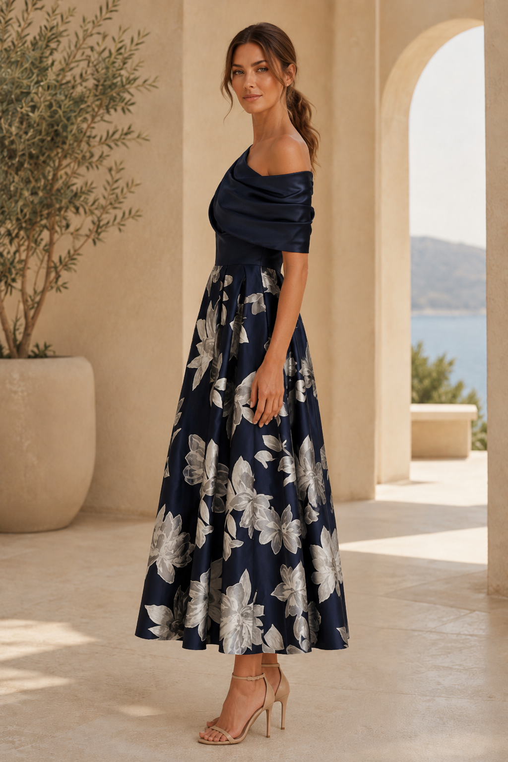 One-Shoulder Floral Jacquard Midi Dress