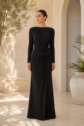 Long Sleeve Ruched Sheath Gown with 3D Floral Detail