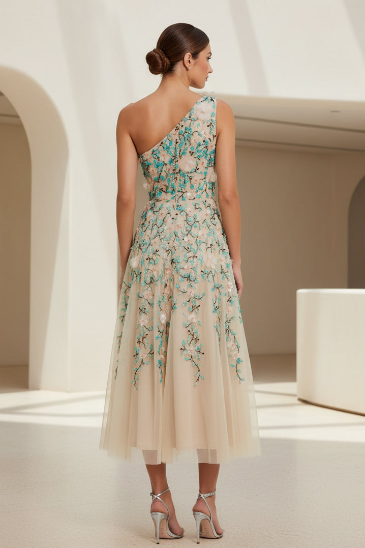 One-Shoulder Embroidered A-Line Midi Dress