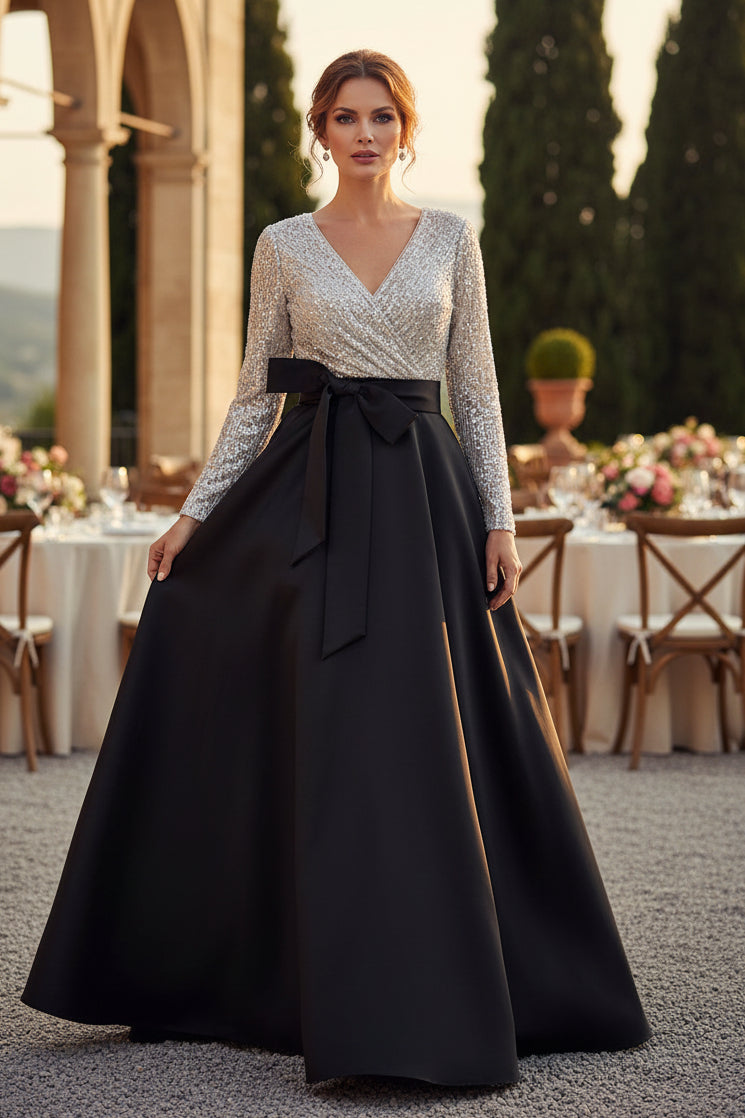 V-Neck Sequin Long Sleeve A-Line Gown with Pockets