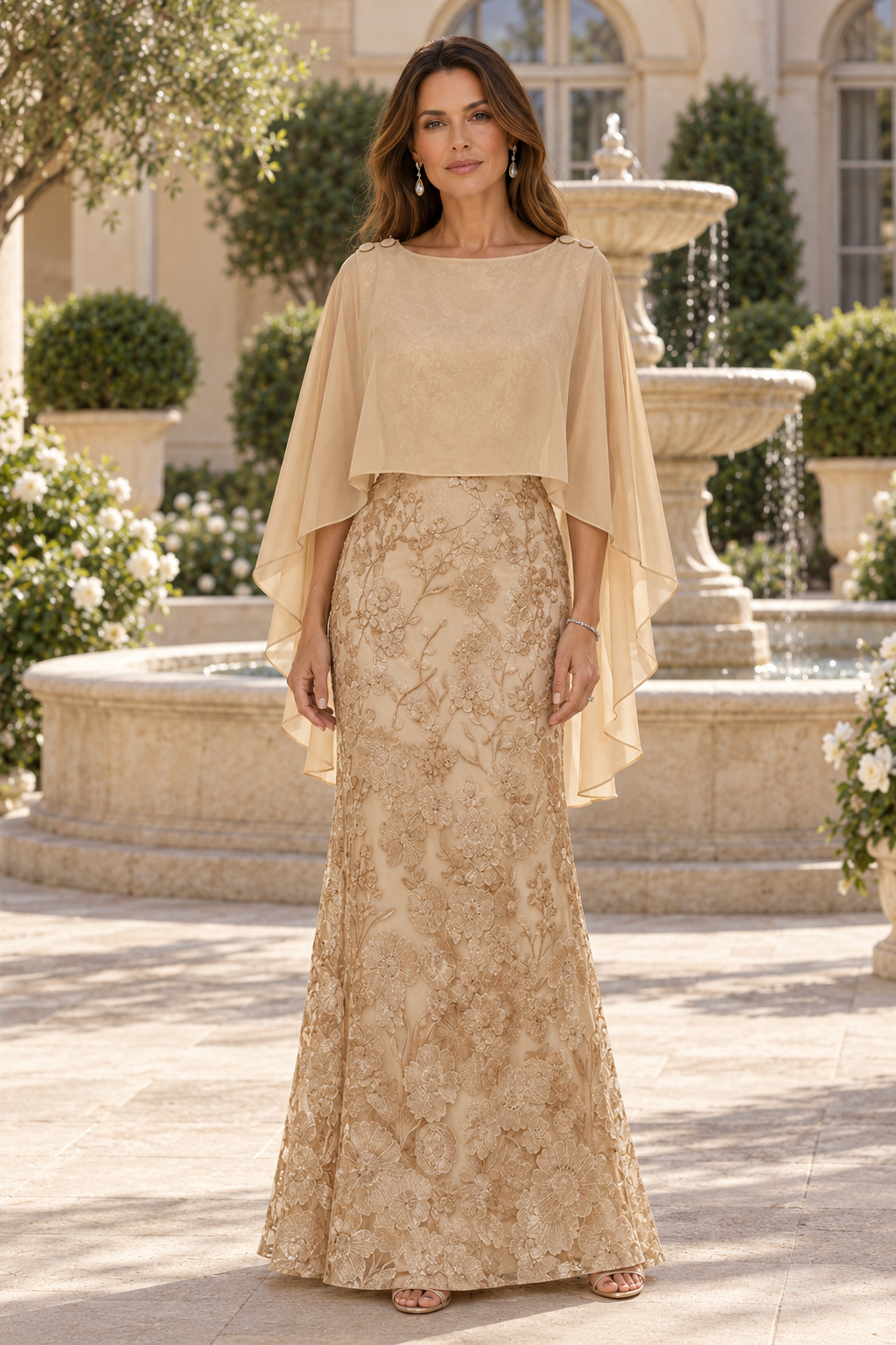 Embroidered Lace Cape Gown with Bateau Neck