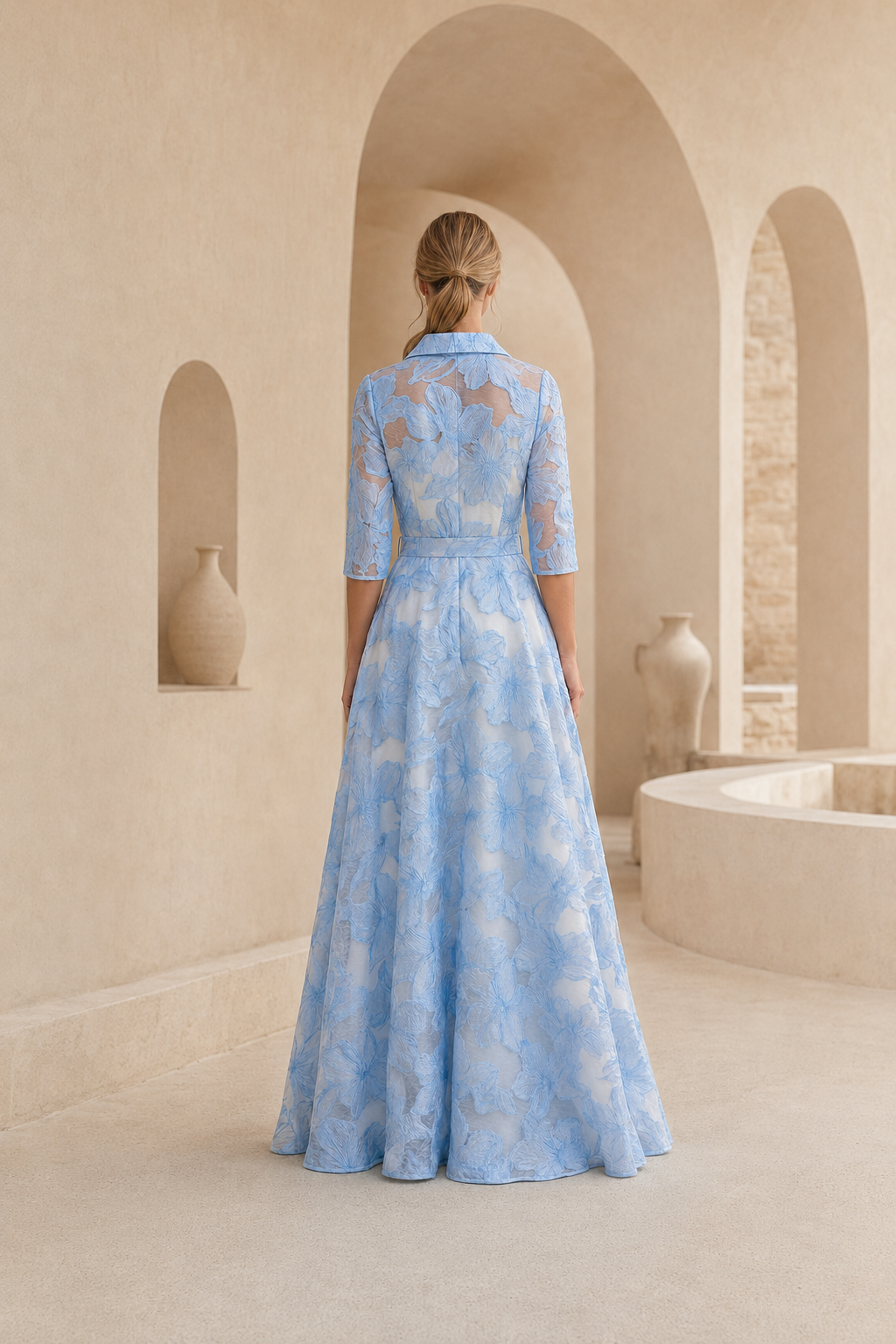 Floral Collared A-Line Gown with 3/4 Sleeves