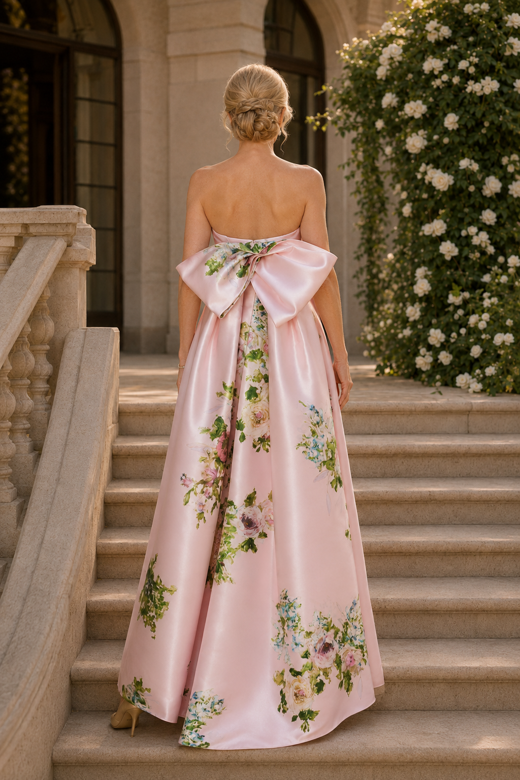 Strapless Floral Satin A-Line Gown with Back Bow