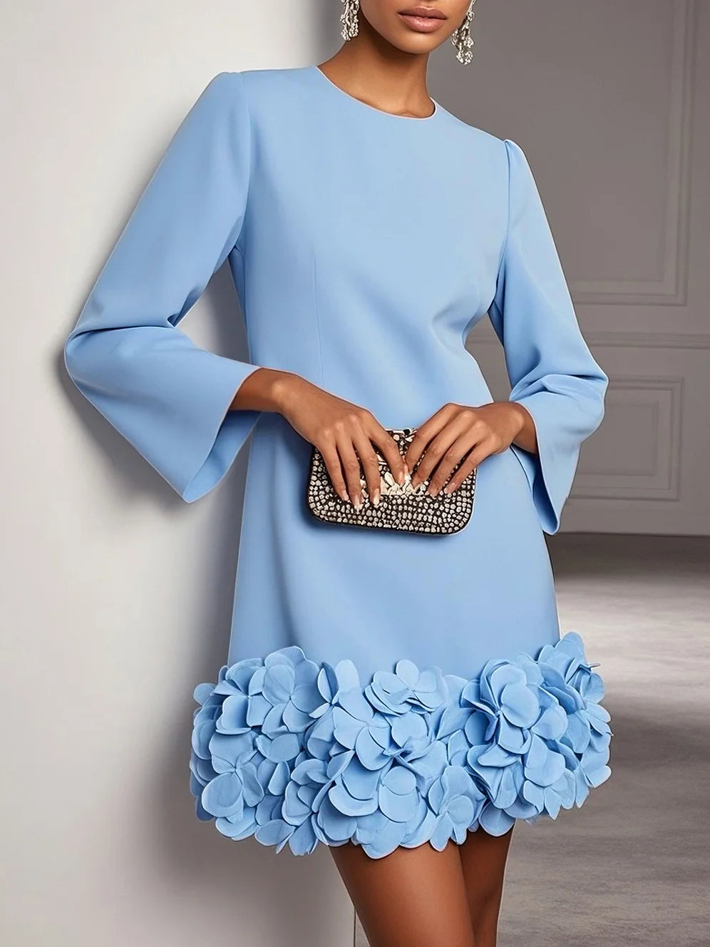 3D Floral Hem Bell Sleeve Shift Mini Dress
