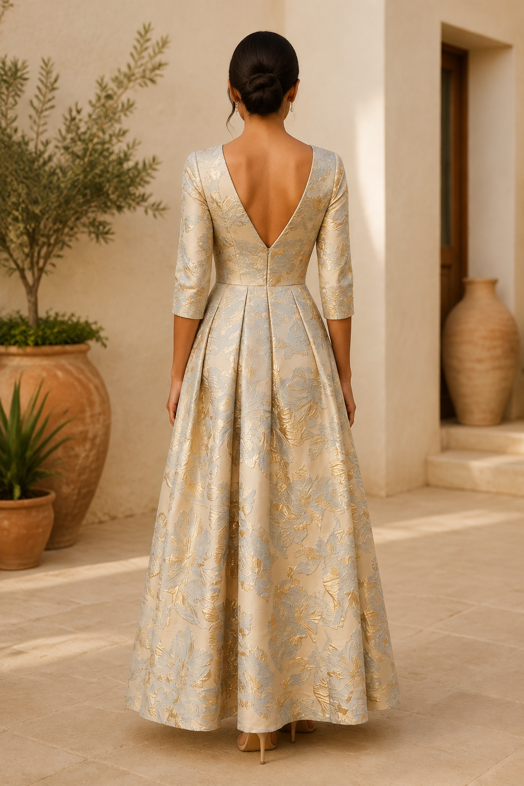 Floral Jacquard A-Line Gown with V-Back, 3/4 Sleeves