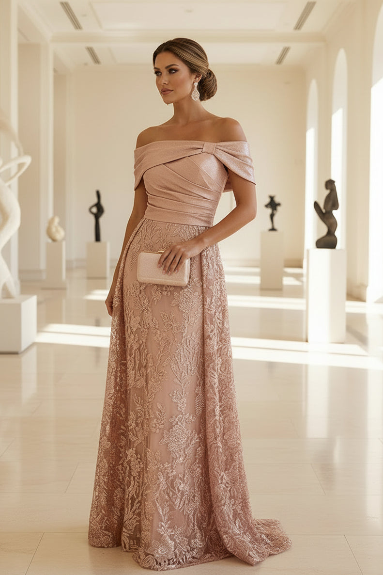 Off Shoulder Lace Sequin A-Line Formal Evening Gown