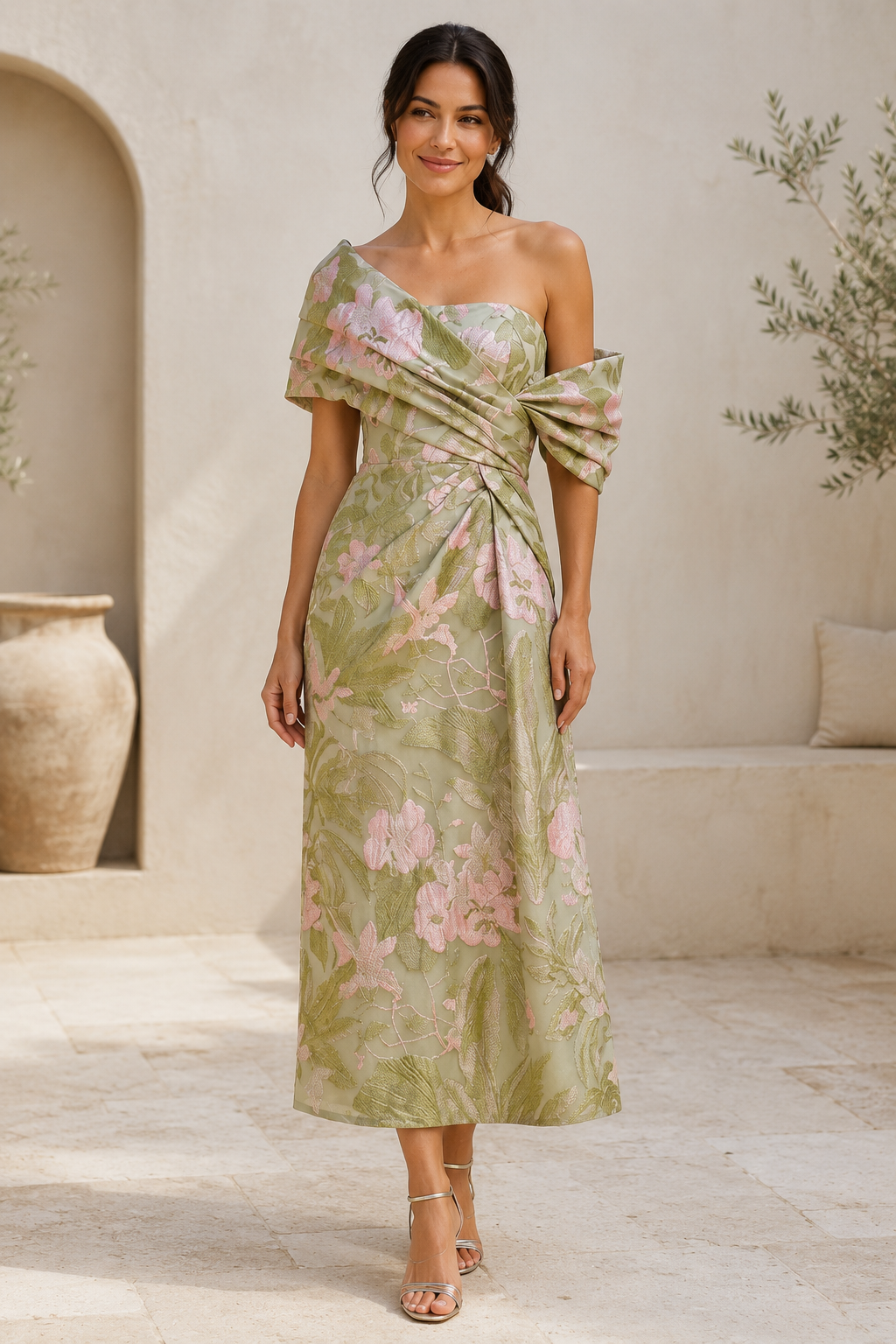Floral Jacquard One-Shoulder Midi Dress, Draped Bodice