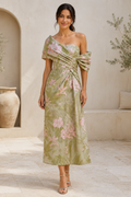Floral Jacquard One-Shoulder Midi Dress, Draped Bodice