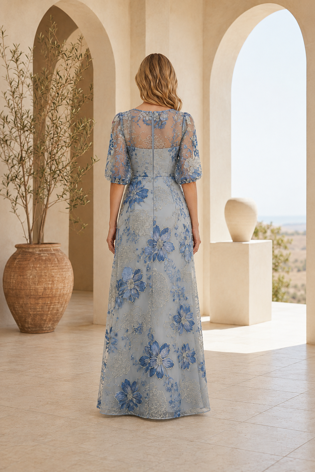 Floral Embroidered A-Line Gown with Elbow Sleeves