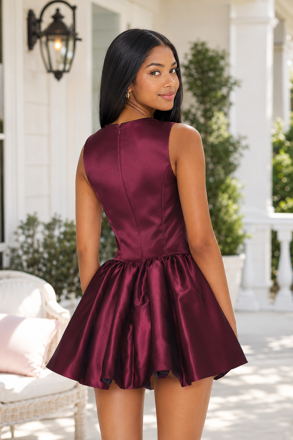 Satin High-Neck Sleeveless Bubble Skirt Cocktail Dress
