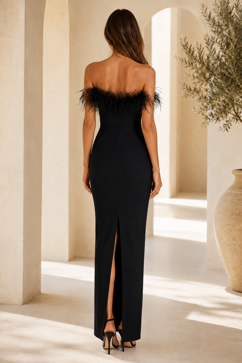 Strapless Feather Trim Column Maxi Dress