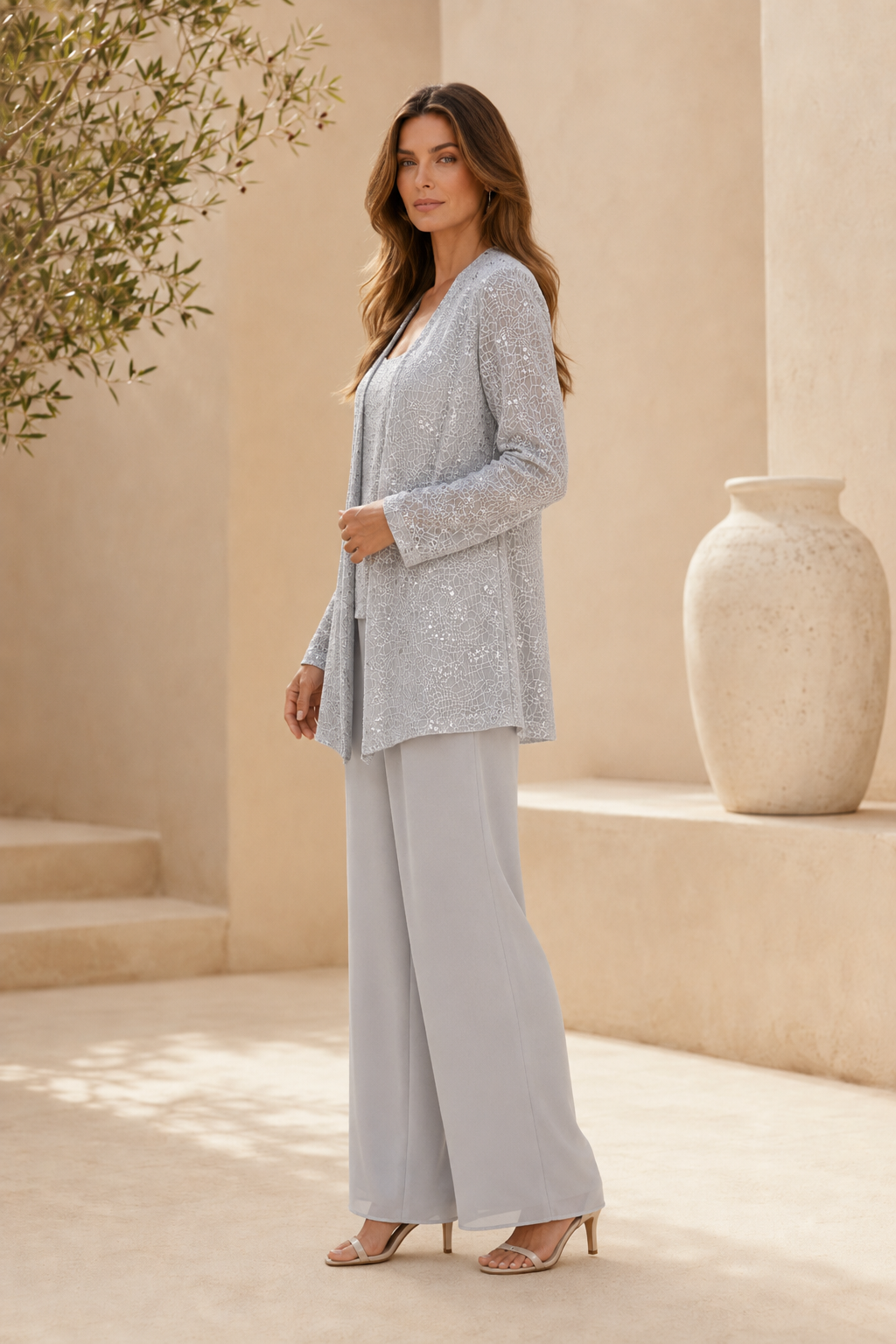 Sequined Jacket and Wide-Leg Pantsuit Set