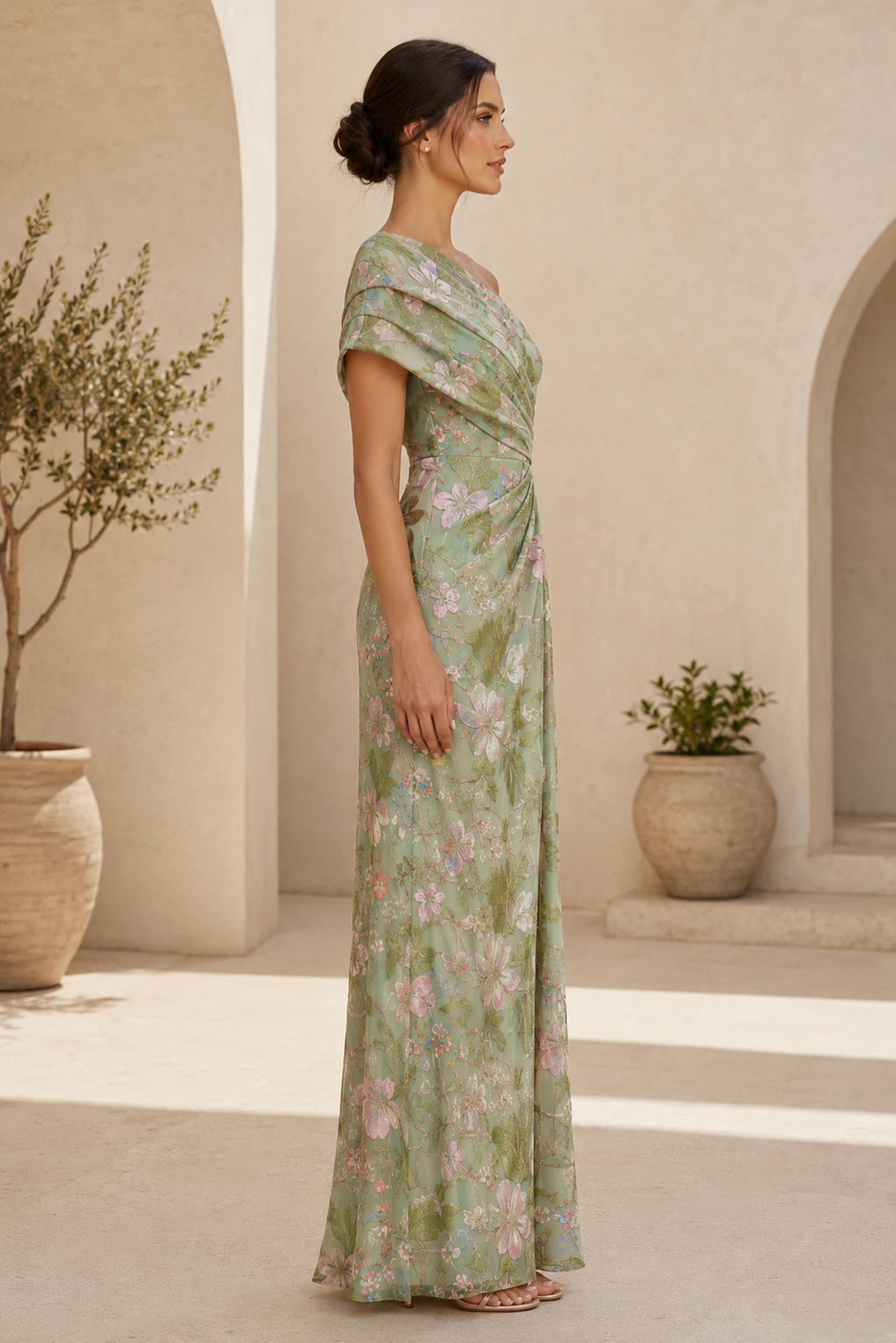 One-Shoulder Floral Print Gown with Pleated Drape