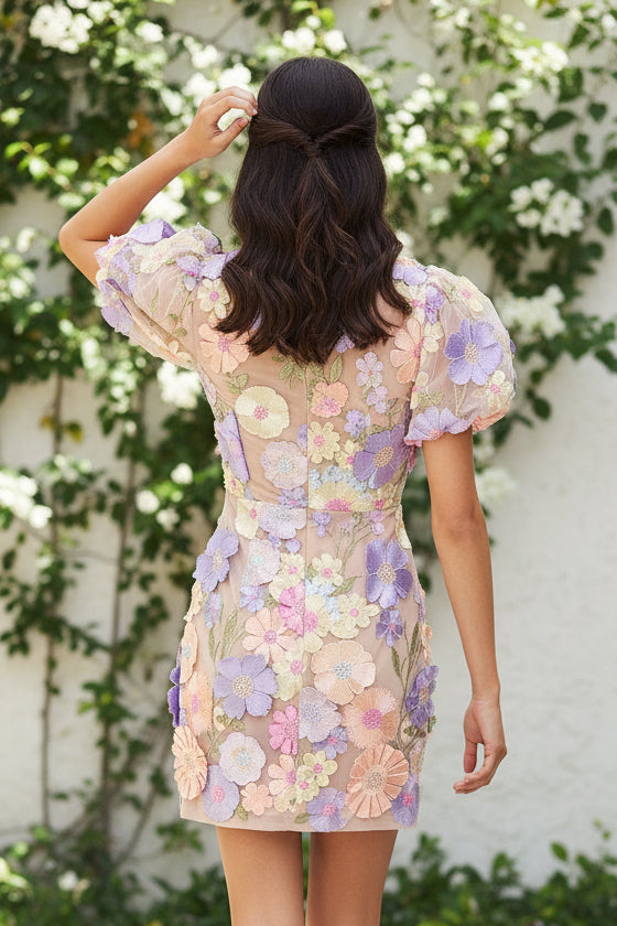 3D Floral Applique V-Neck Puff Sleeve Mini Dress
