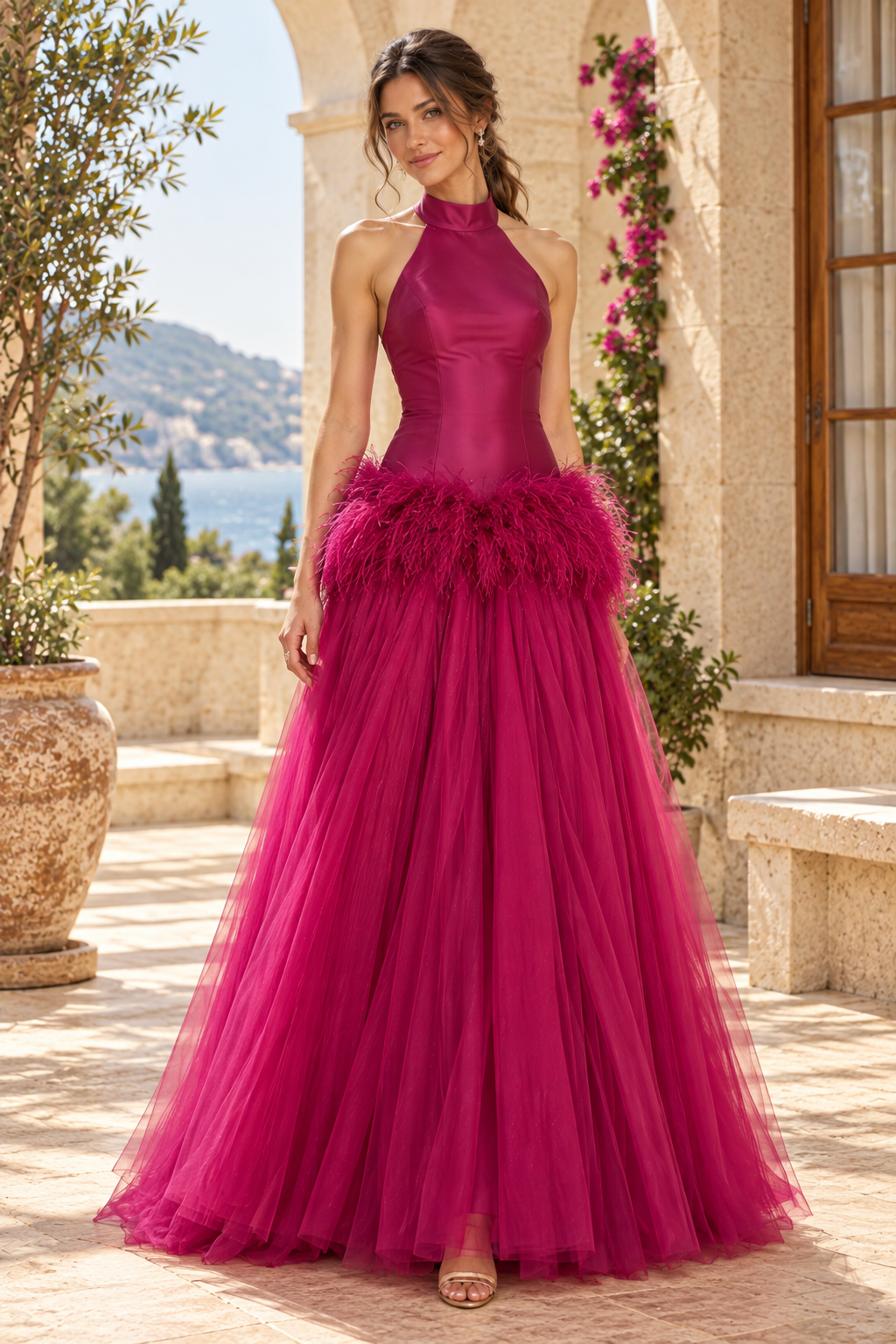 Halter Feather Trim Tulle Ball Gown