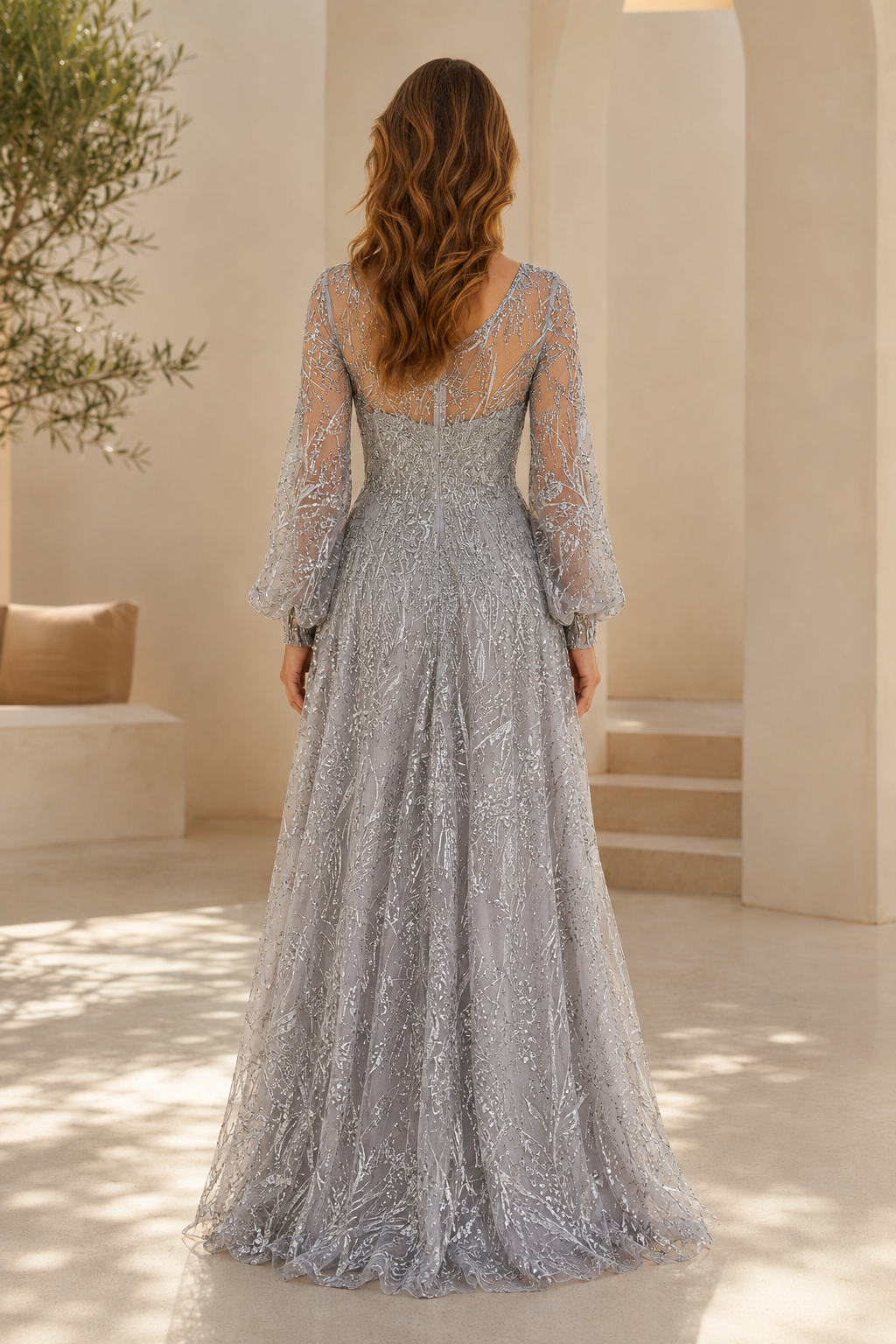 Long Sleeve Illusion Sequin A-Line Evening Gown