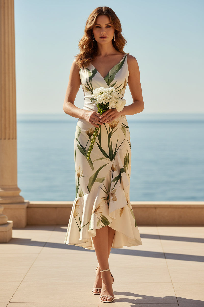 Floral Wrap Ruffle High-Low Midi Dress