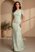 Ruched Floral Jacquard Gown with Cape Back