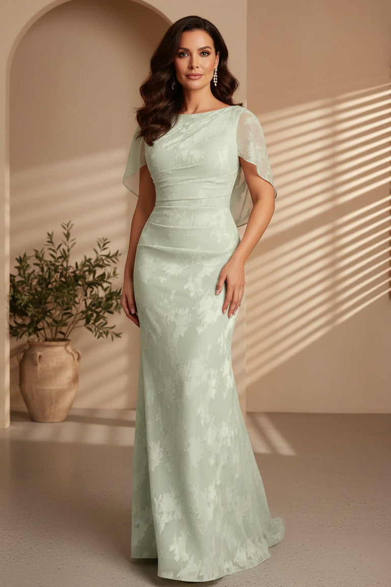 Ruched Floral Jacquard Gown with Cape Back