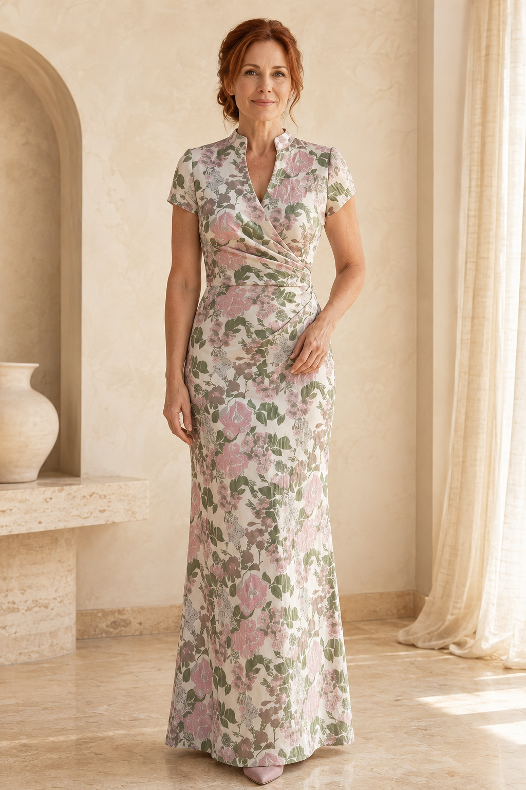 Floral Jacquard Wrap Dress with High Neck & Cap Sleeves