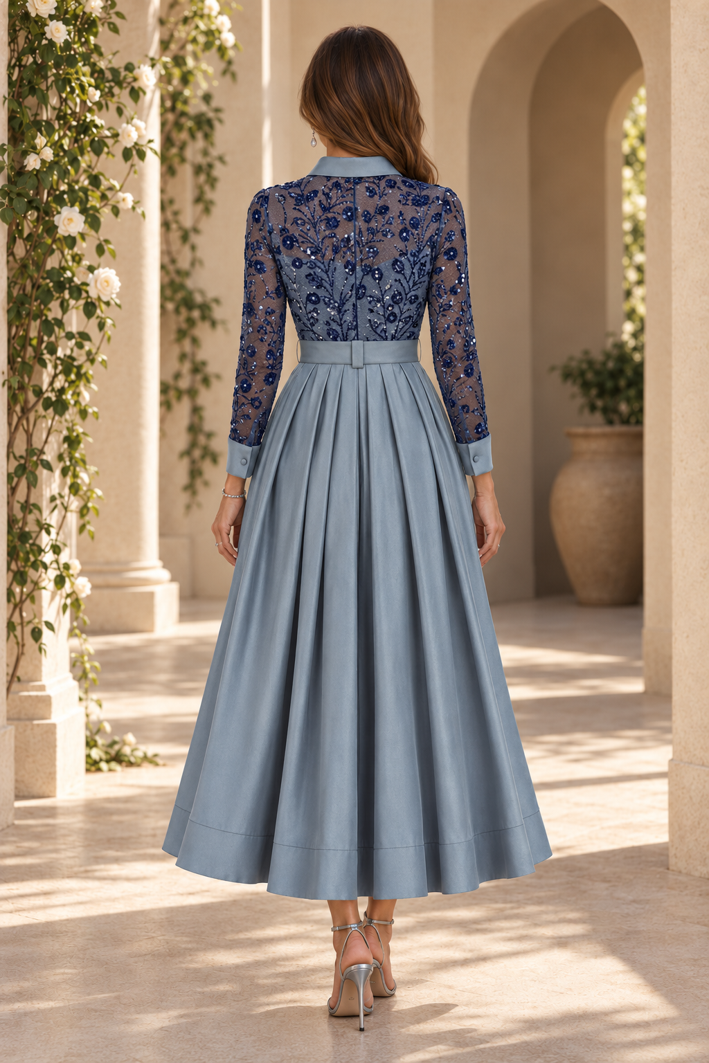 Sequined Shirt Collar Pleated A-Line Midi Dress